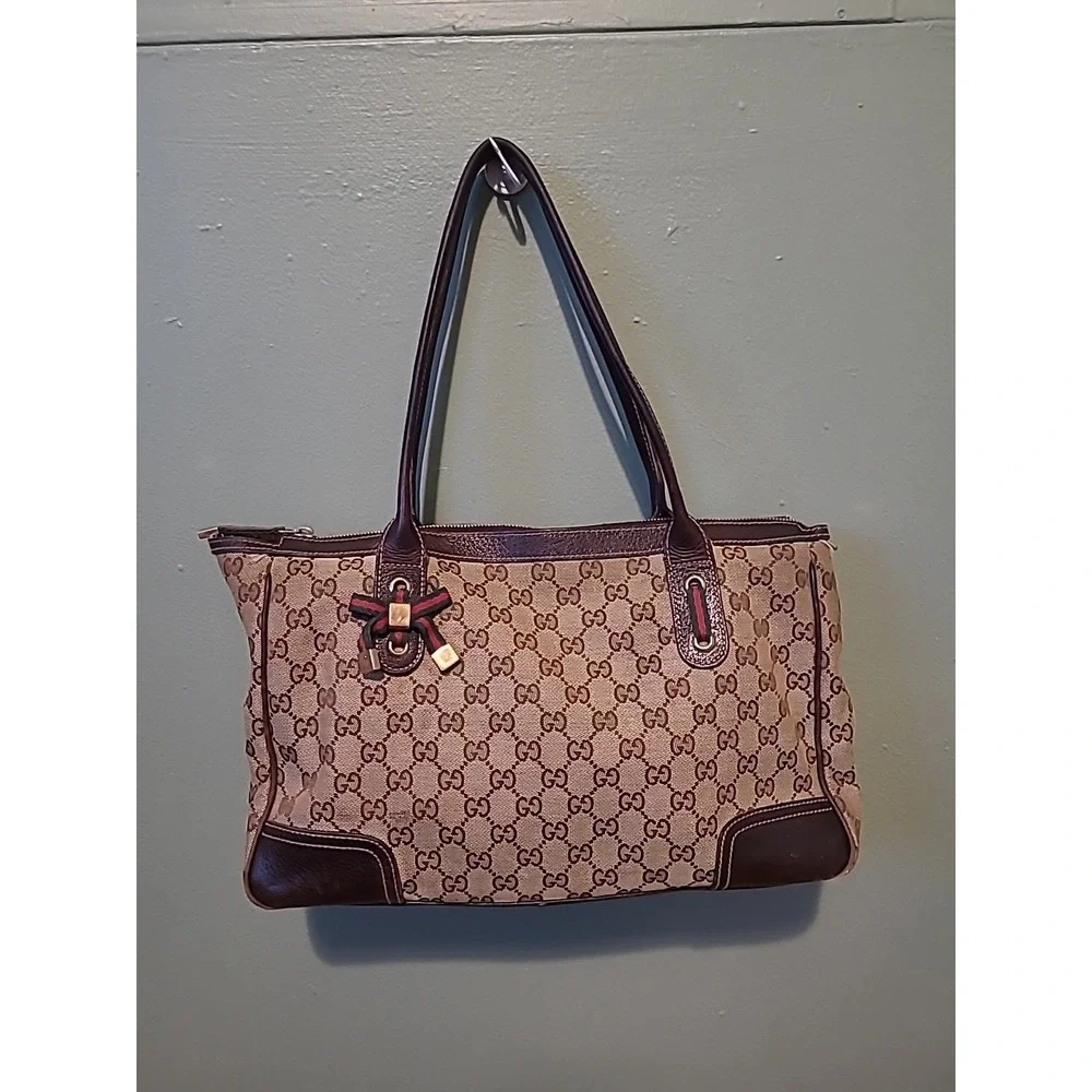 GUCCI Princy Sherry‎ GG Canvas Leather Shoulder Tote Bag Brown Authentic Vintage